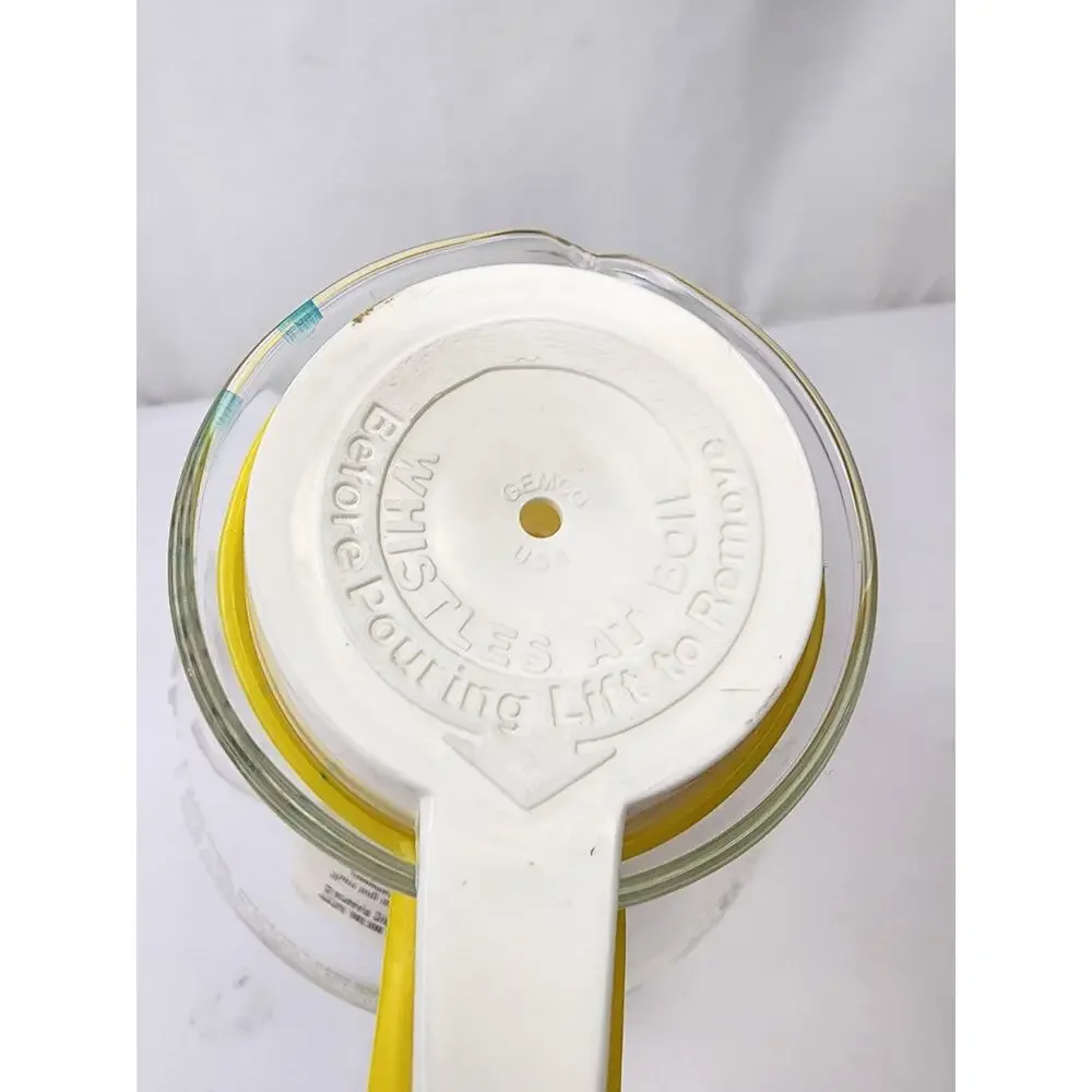 Gemco The Whistler Glass Kettle Pot 8c Yellow/White Handle w/Metal Grid NWT - Picture 3 of 8